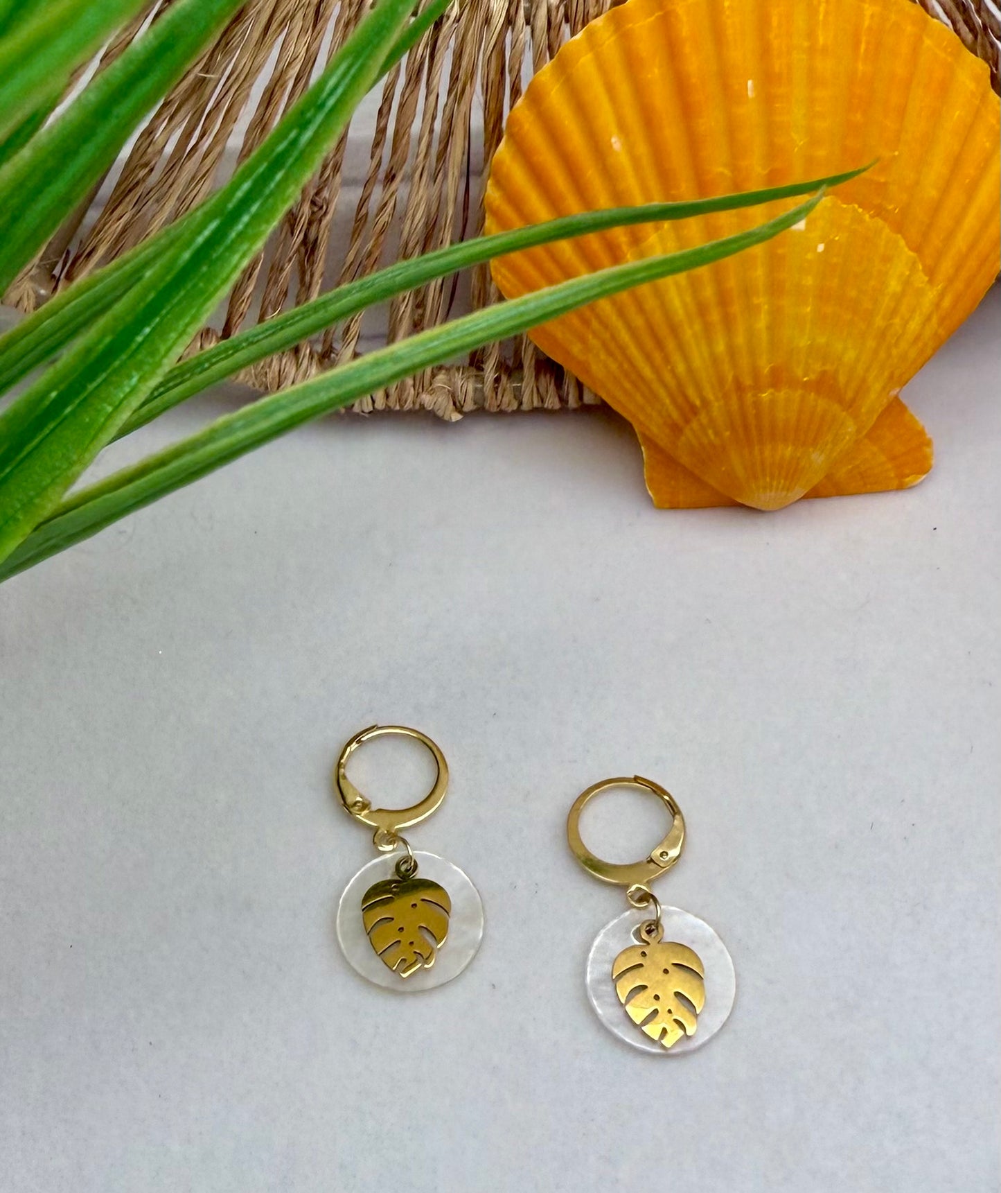 Capiz Shell With Monstera Leaf Charm Earrings