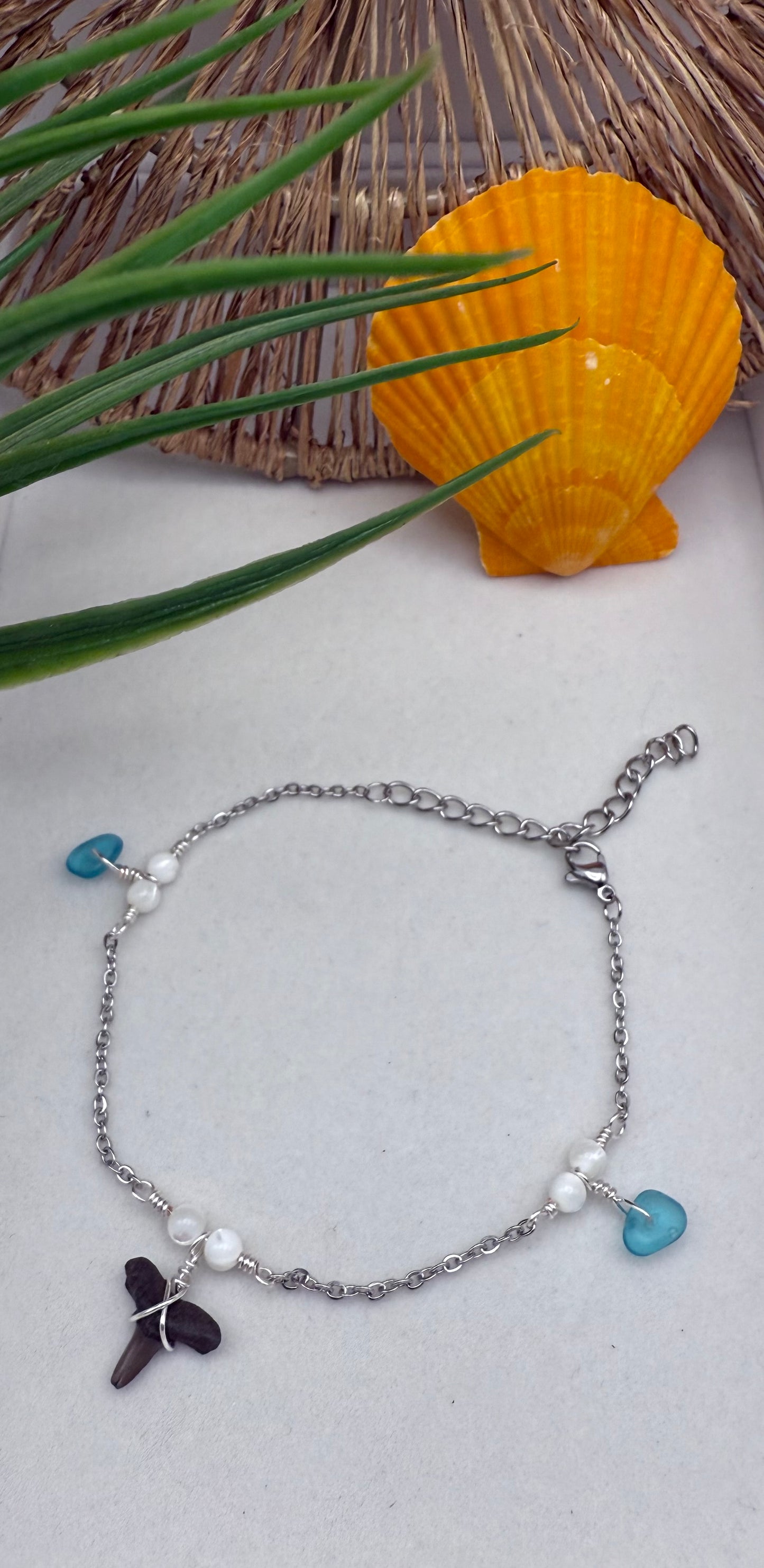 Shark Tooth and Turquoise Sea Glass Anklet