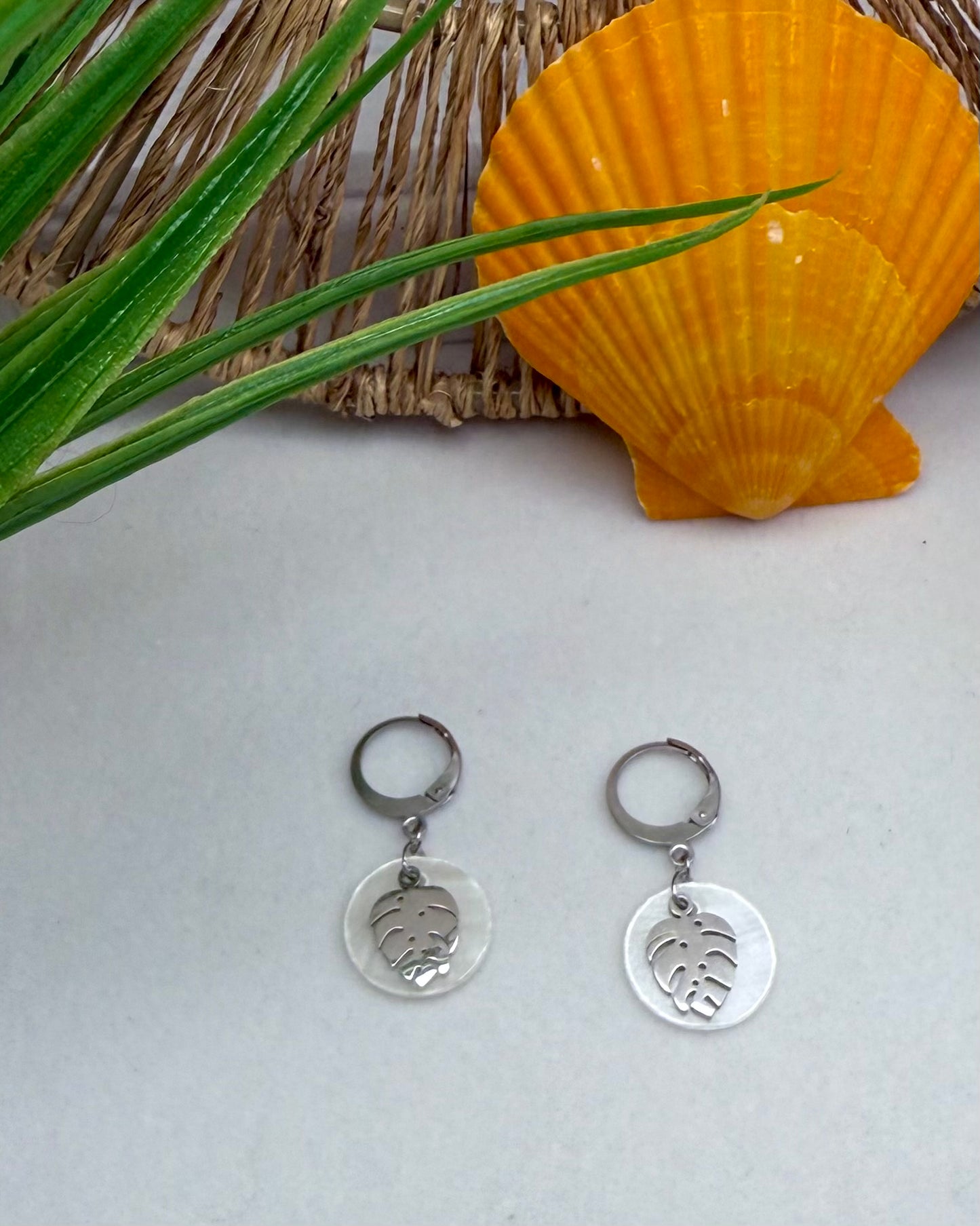 Capiz Shell With Monstera Leaf Charm Earrings