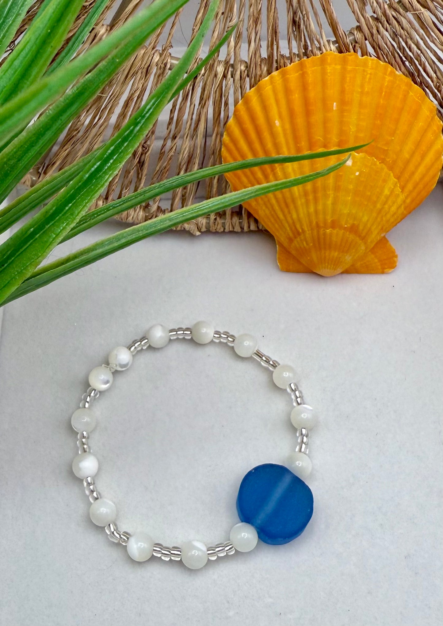 Mother of Pearl and Royal Blue Sea Glass Bracelet