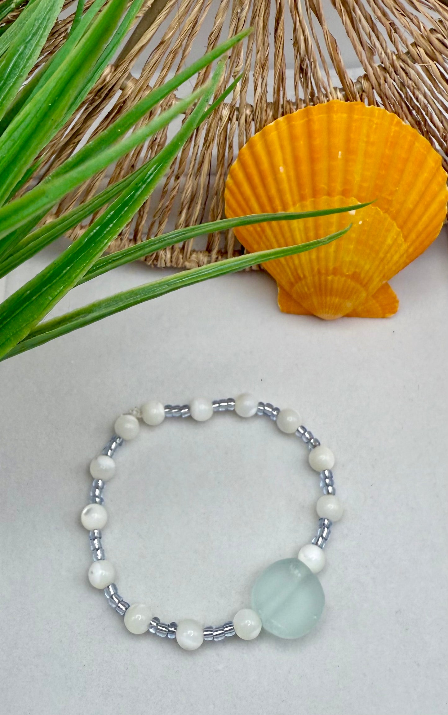 Mother of Pearl and Clear Aqua Sea Glass Bracelet