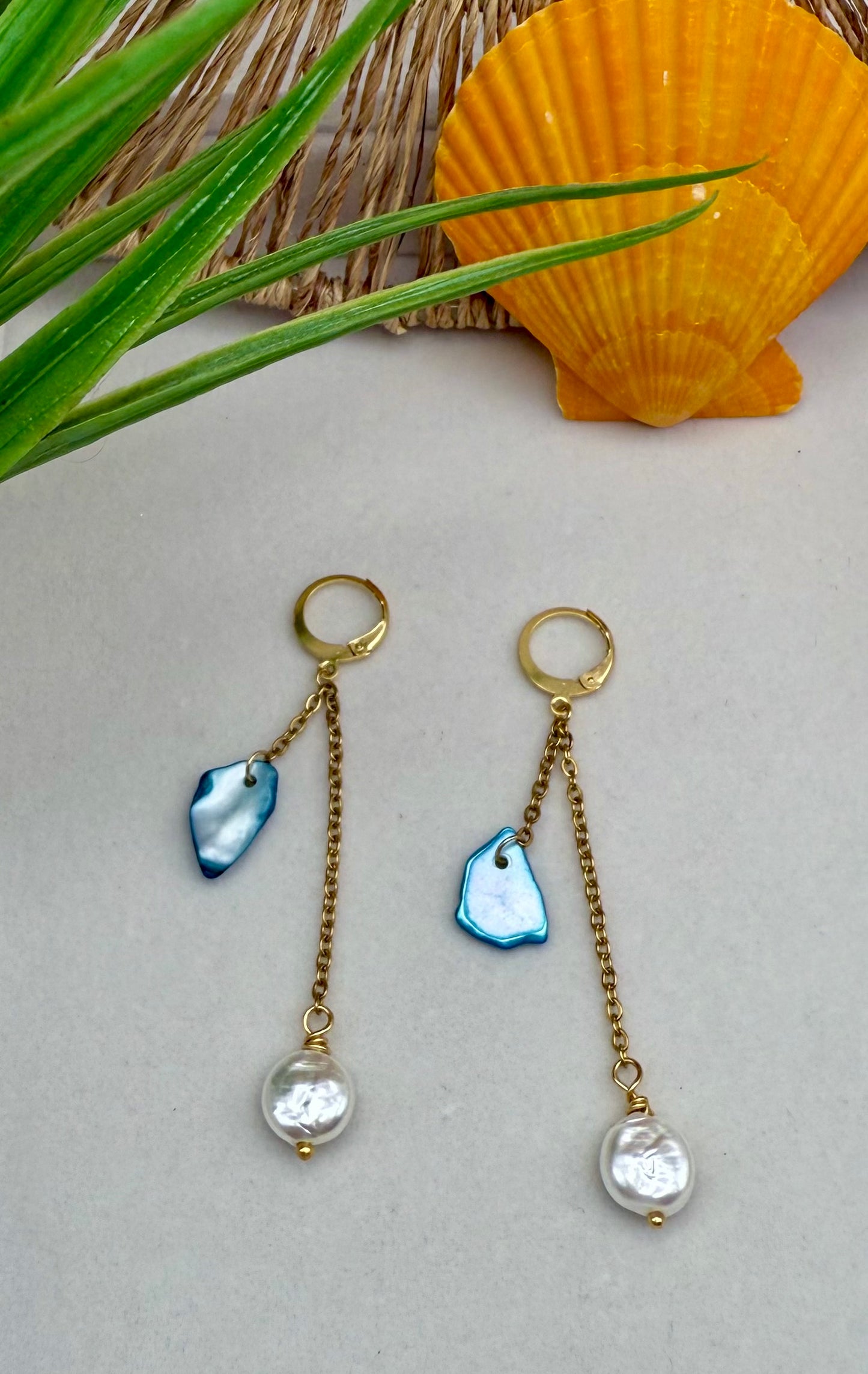 Double Drop Crushed Shell With Freshwater Pearl Earrings