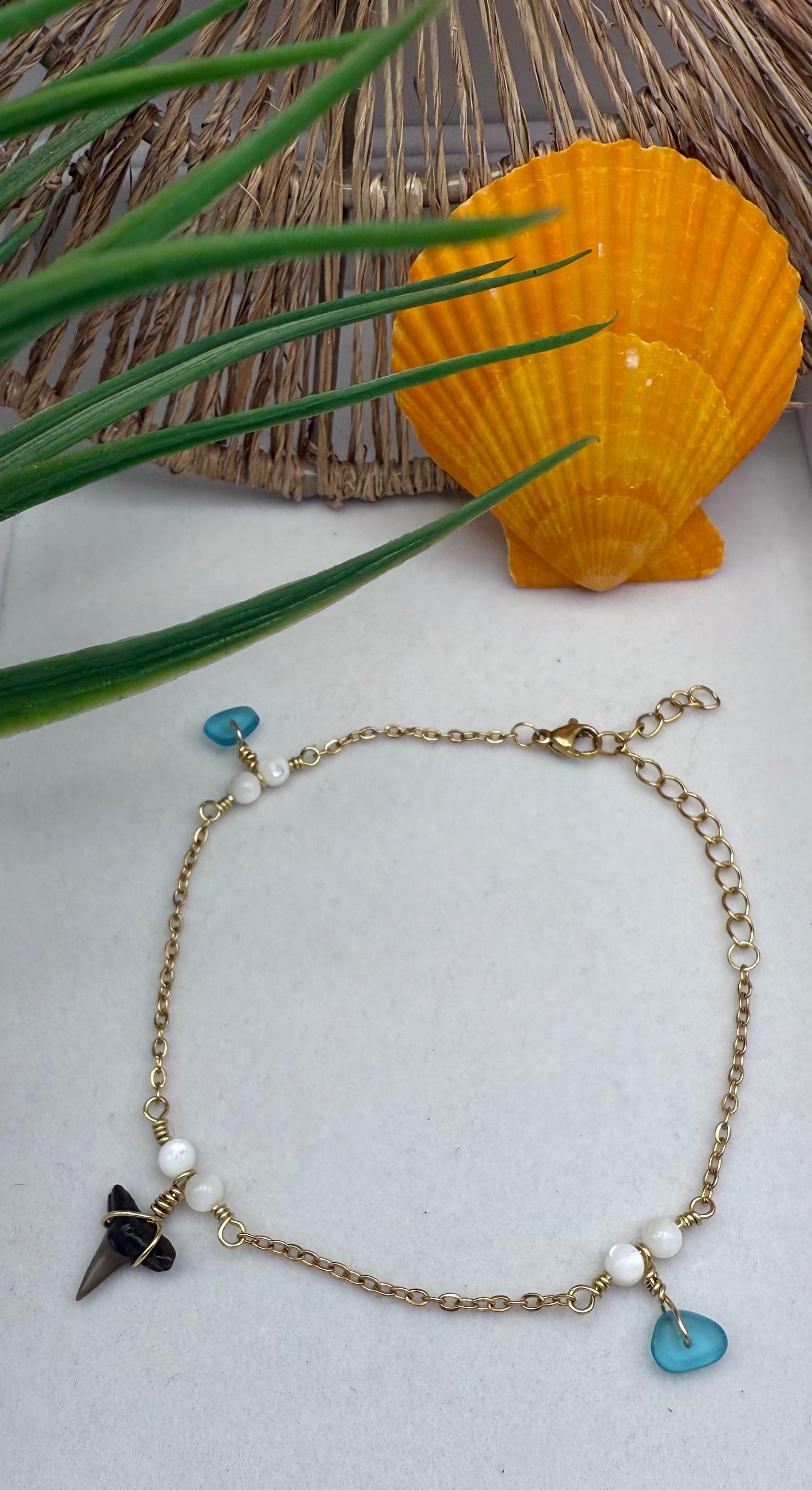 Shark Tooth and Turquoise Sea Glass Anklet
