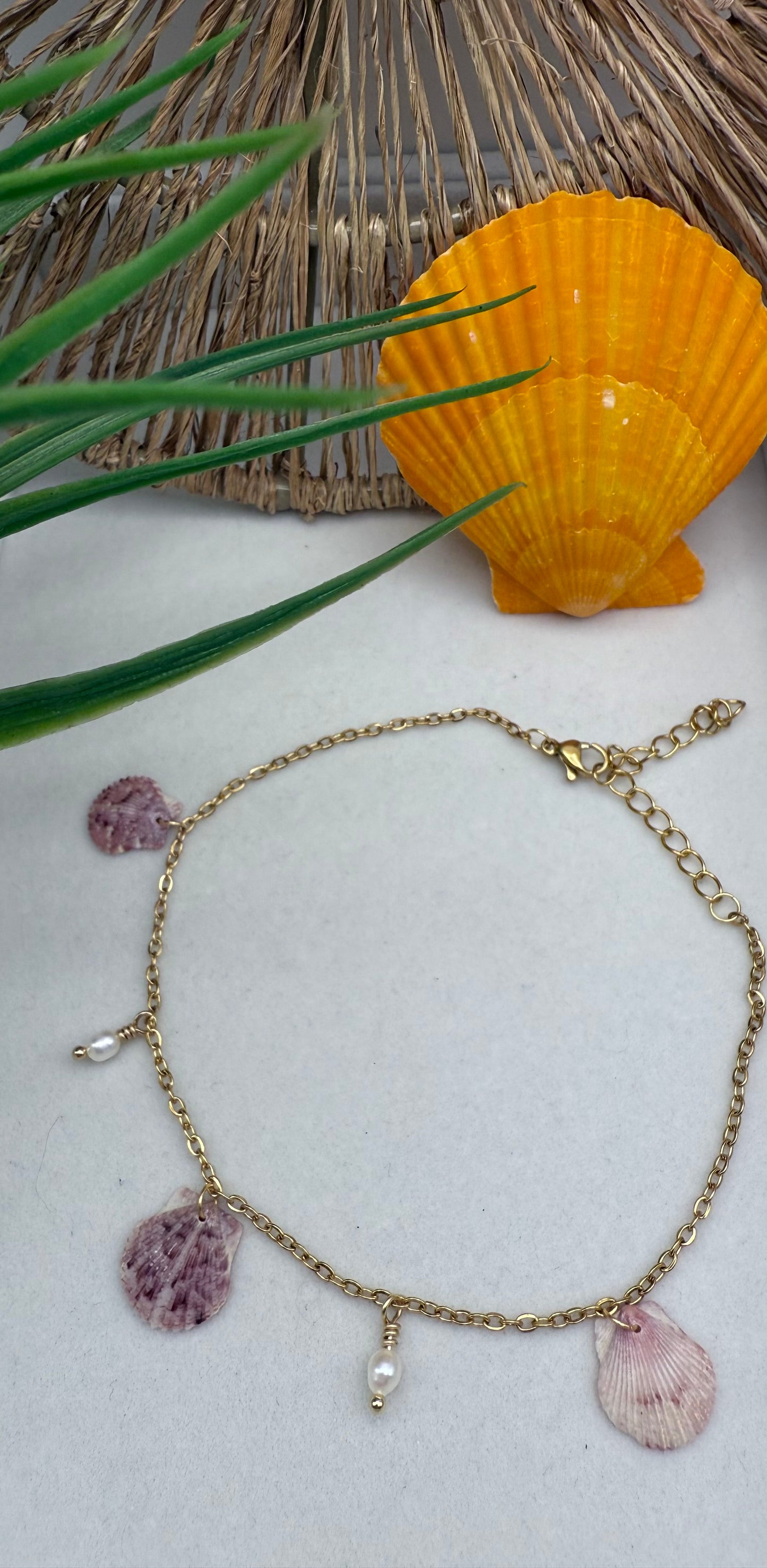 Calico Scallop Shell and Freshwater Pearl Multi Anklet