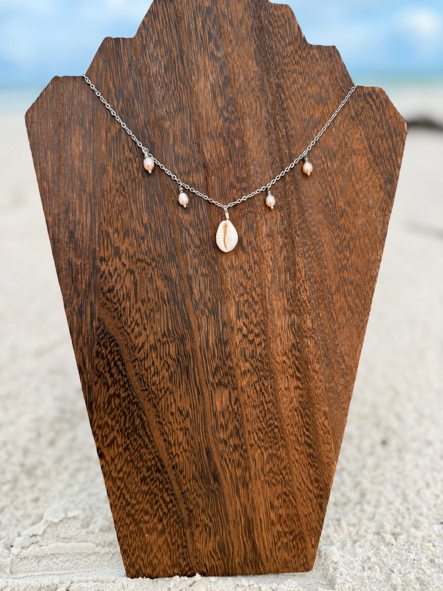 Cowrie and Peach Freshwater Pearl Multi Neckalce