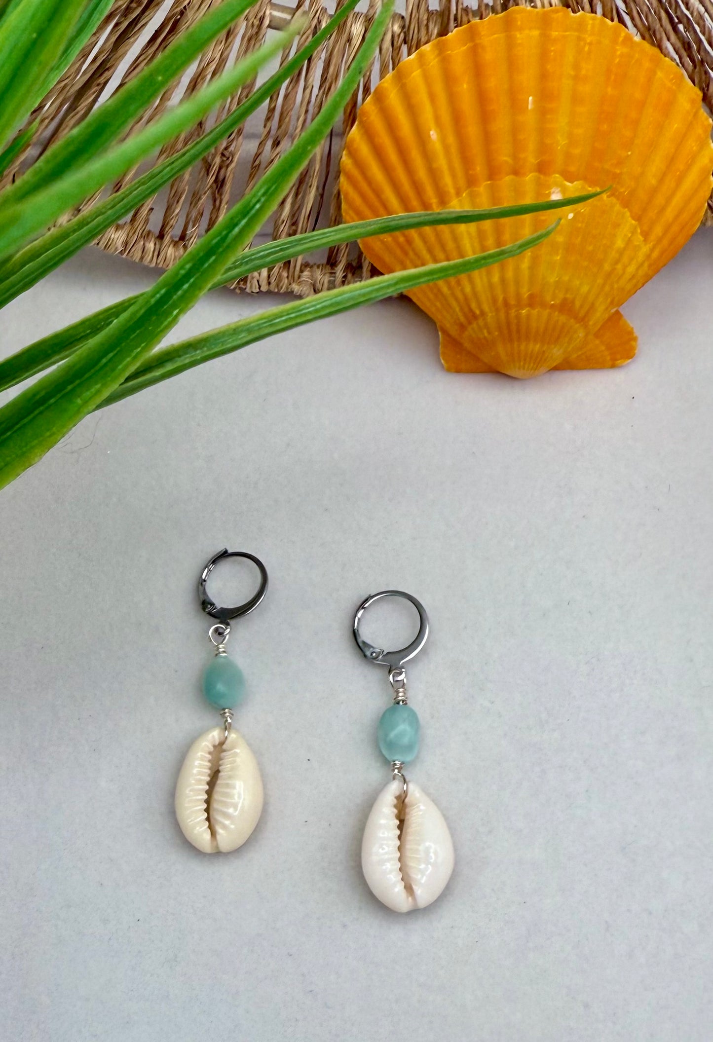 Green Moonstone and Cowrie Shell Dangle Earrings