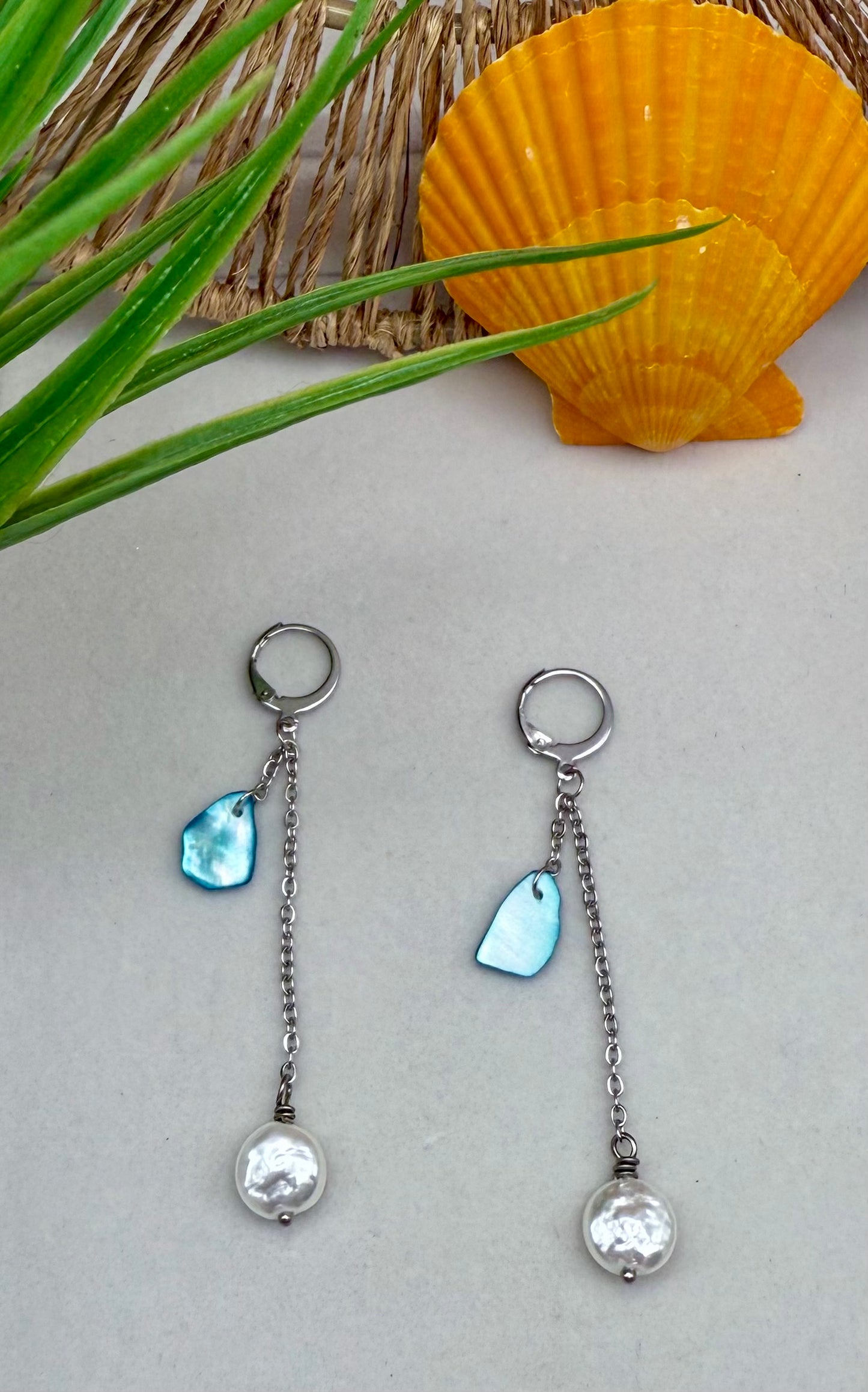 Double Drop Crushed Shell With Freshwater Pearl Earrings