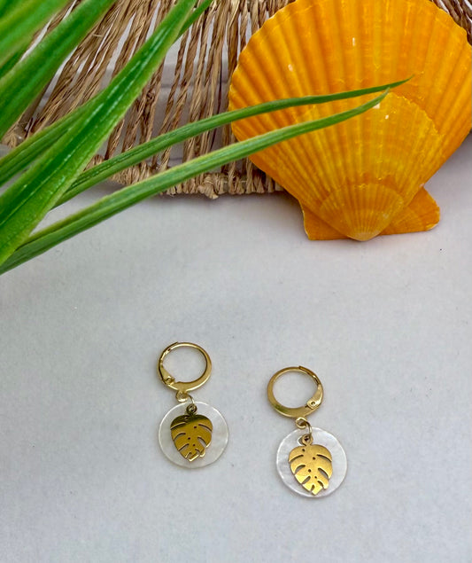 Capiz Shell With Monstera Leaf Charm Earrings