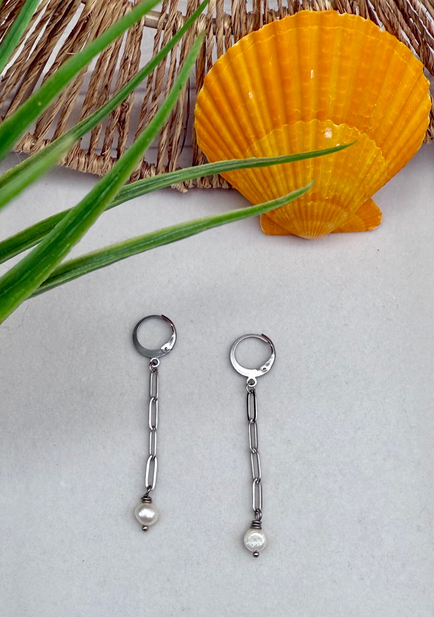 Paperclip Chain Freshwater Pearl Dangle Earrings
