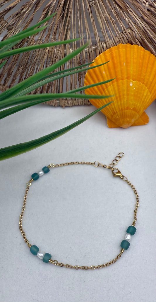 Sea Glass and Freshwater Pearl Anklet