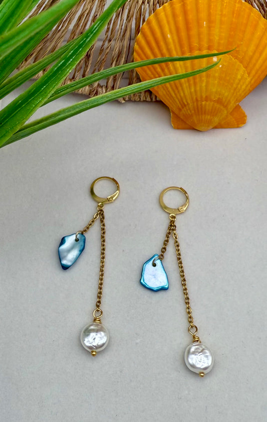 Double Drop Crushed Shell With Freshwater Pearl Earrings