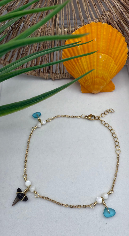 Shark Tooth and Turquoise Sea Glass Anklet