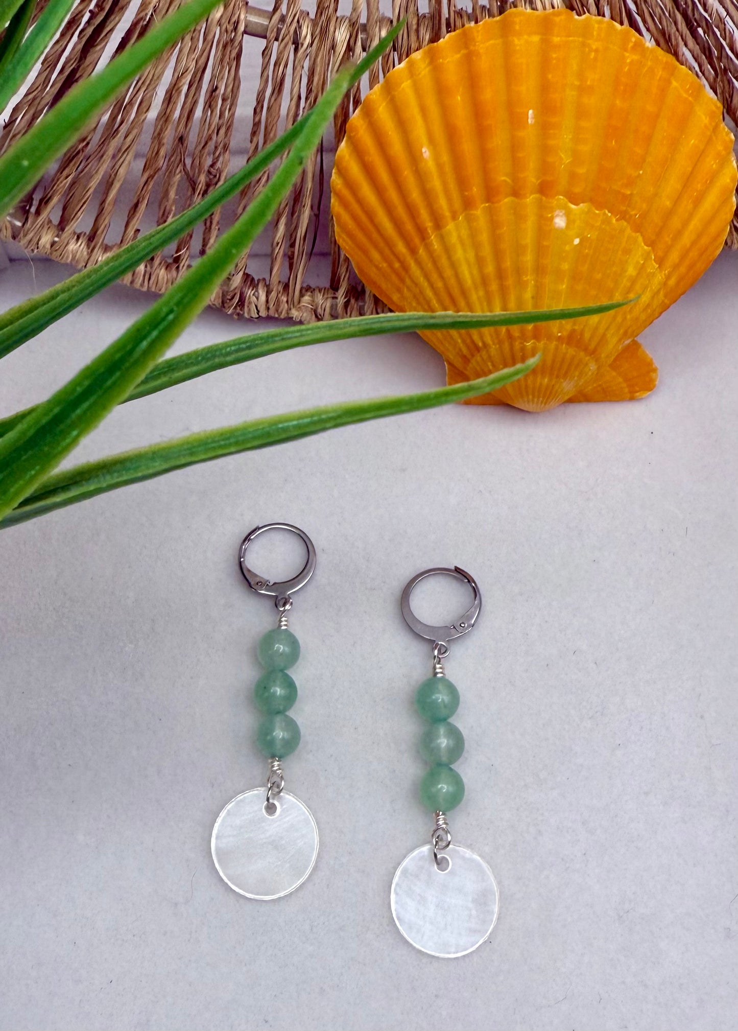 Sea Foam Green Glass Bead and Capiz Shell Earrings