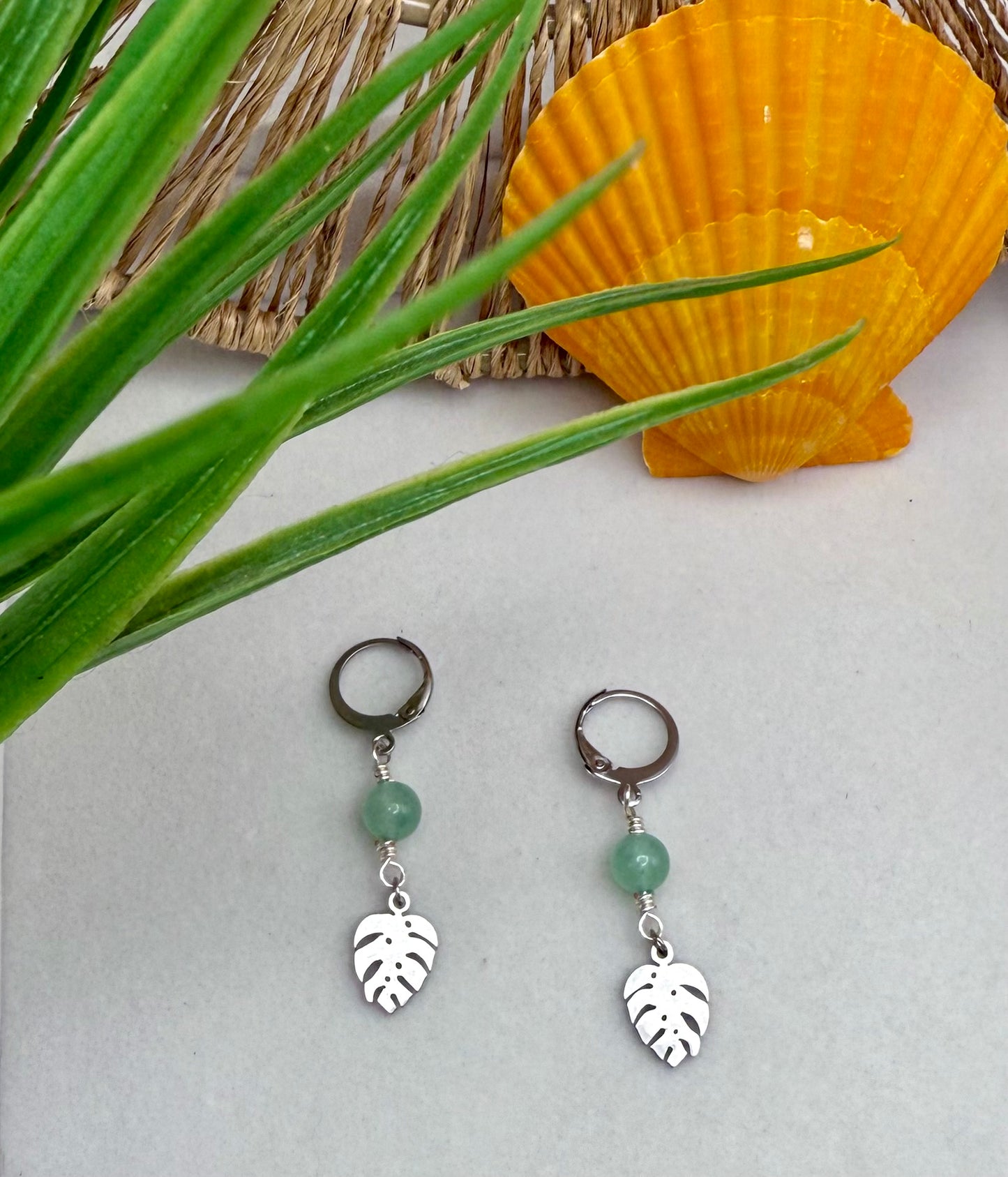 Sea Foam Green Beaded Monstera Leaf Earrings
