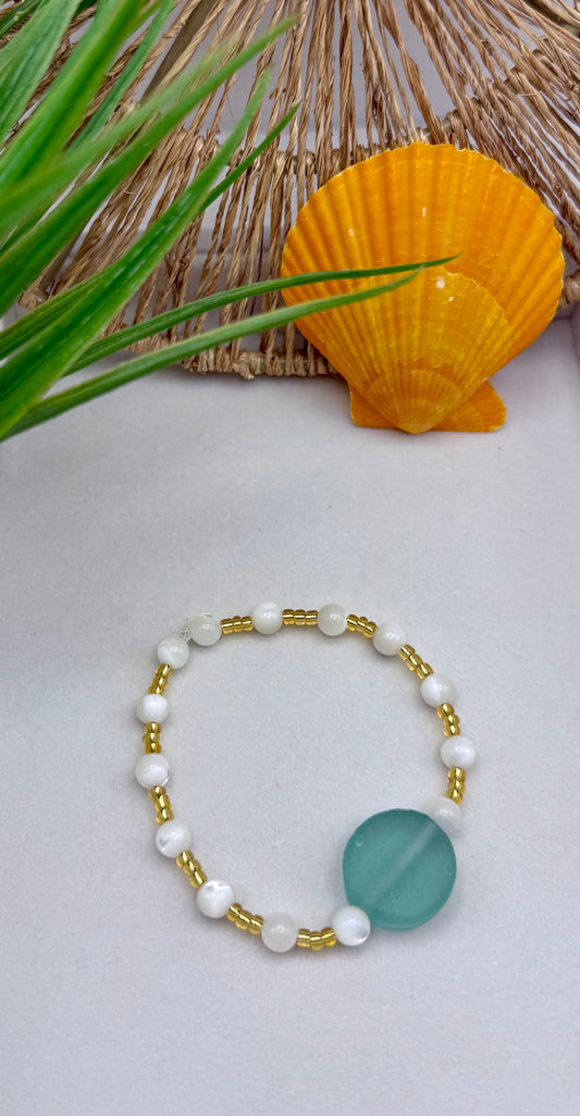 Mother of Pearl and Sea Foam Green Coin Sea Glass Bracelet