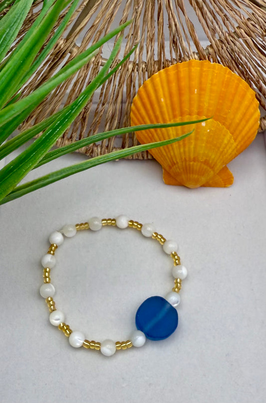 Mother of Pearl and Royal Blue Sea Glass Bracelet