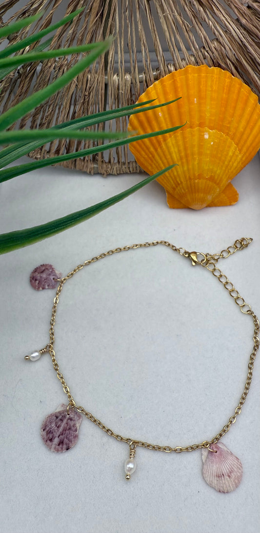 Calico Scallop Shell and Freshwater Pearl Multi Anklet