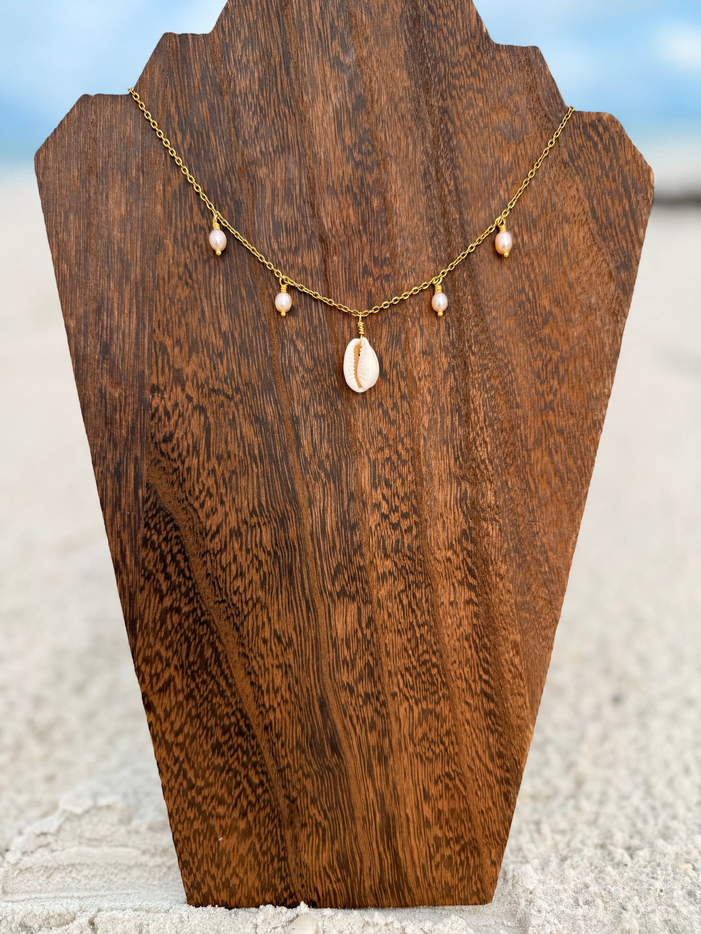 Cowrie and Peach Freshwater Pearl Multi Neckalce