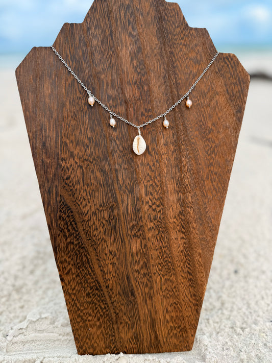 Cowrie and Peach Freshwater Pearl Multi Neckalce