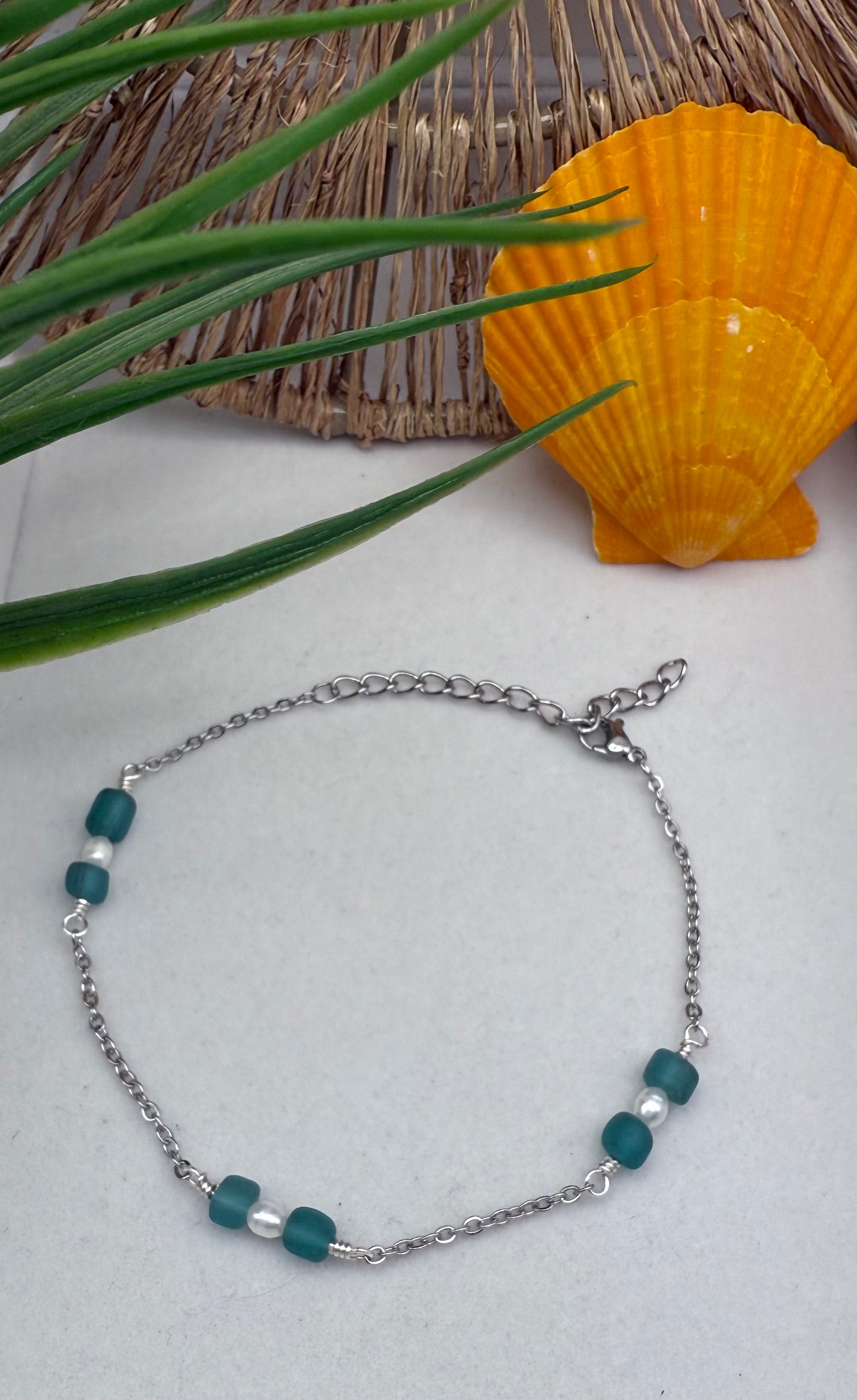 Sea Glass and Freshwater Pearl Anklet