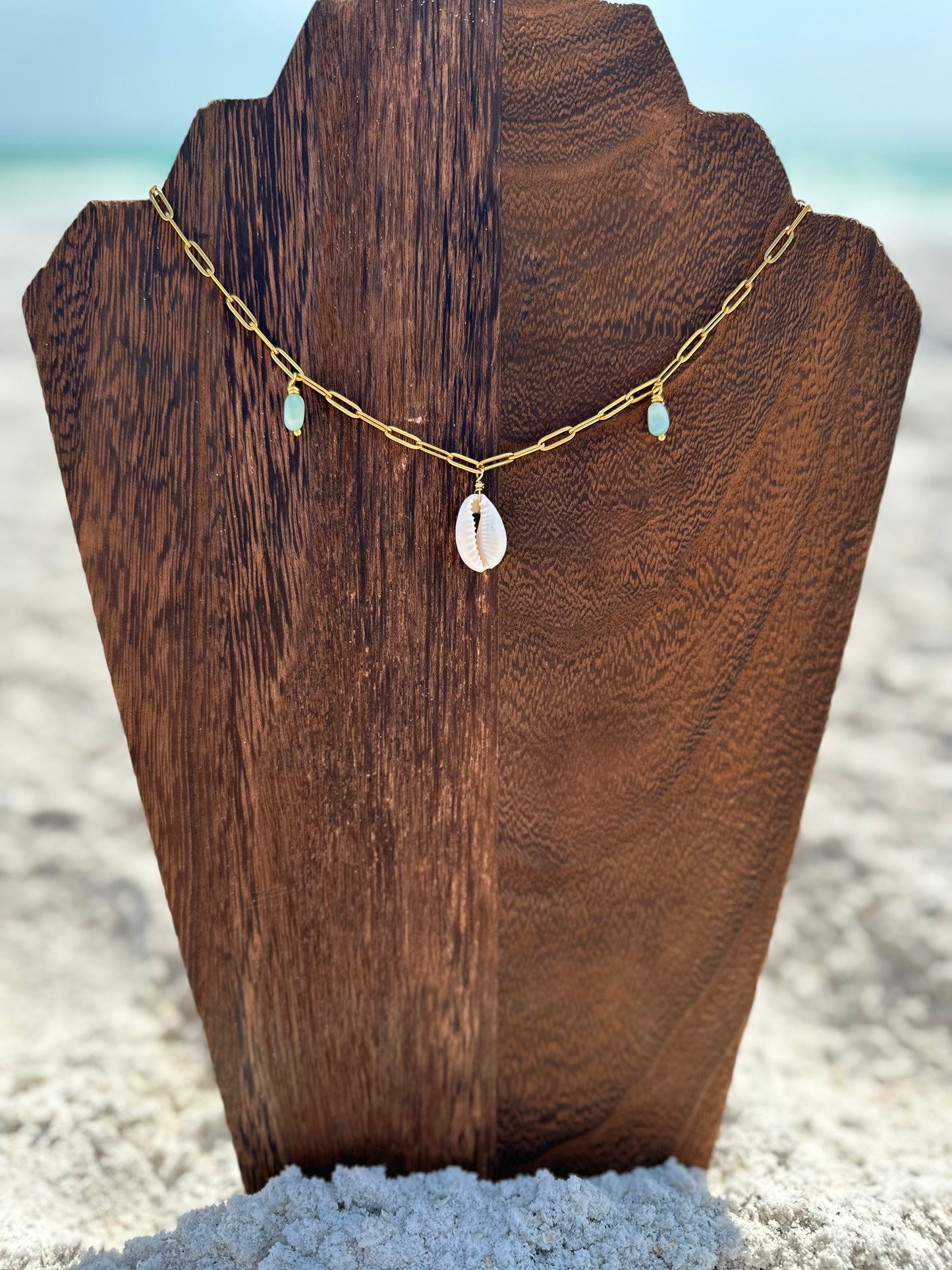 Aqua Cowrie Shell Paperclip Necklace