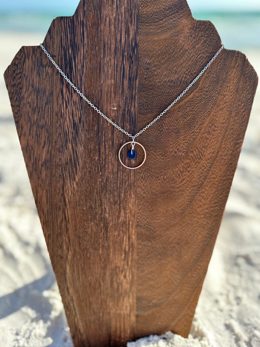Circle Dark Blue Sea Glass Dangle Necklace