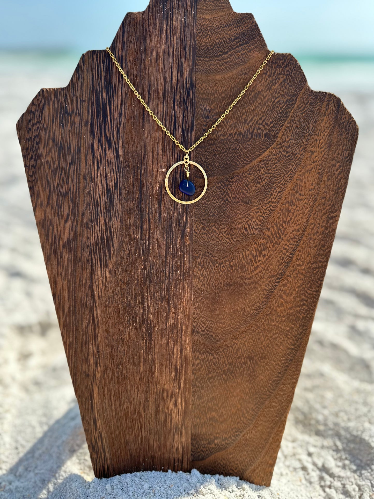 Circle Dark Blue Sea Glass Dangle Necklace