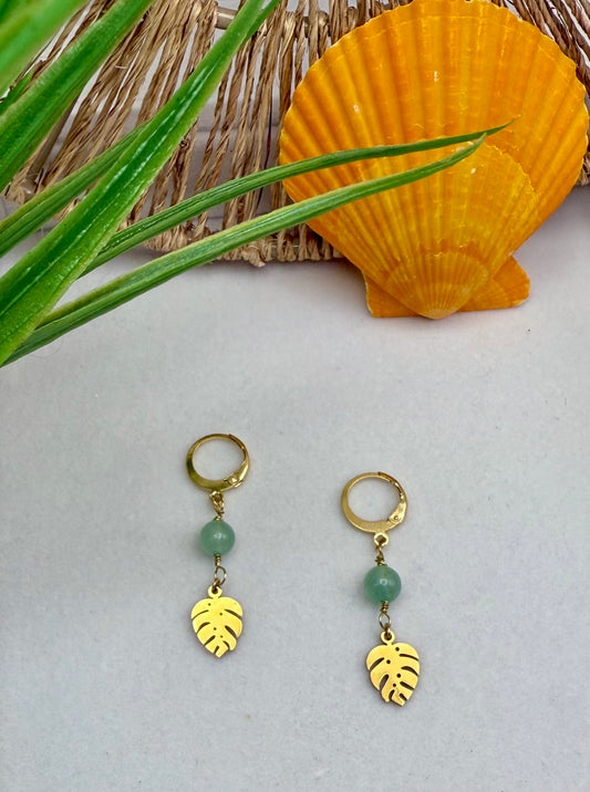 Sea Foam Green Beaded Monstera Leaf Earrings
