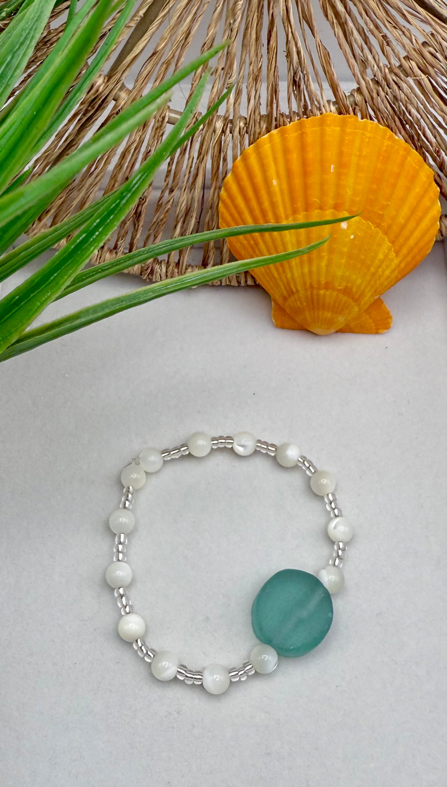 Mother of Pearl and Sea Foam Green Coin Sea Glass Bracelet