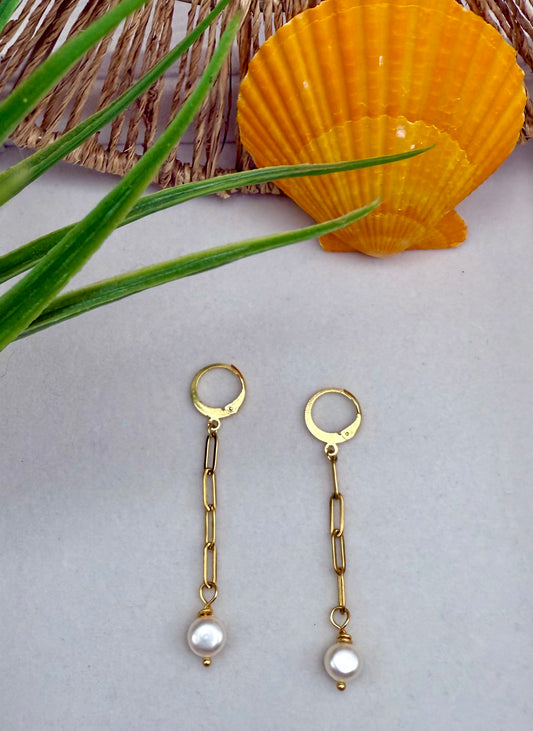 Paperclip Chain Freshwater Pearl Dangle Earrings