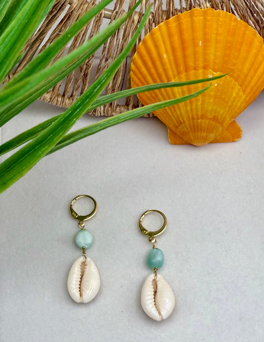 Green Moonstone and Cowrie Shell Dangle Earrings