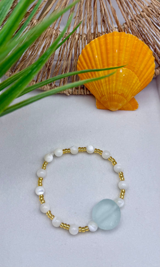 Mother of Pearl and Clear Aqua Sea Glass Bracelet