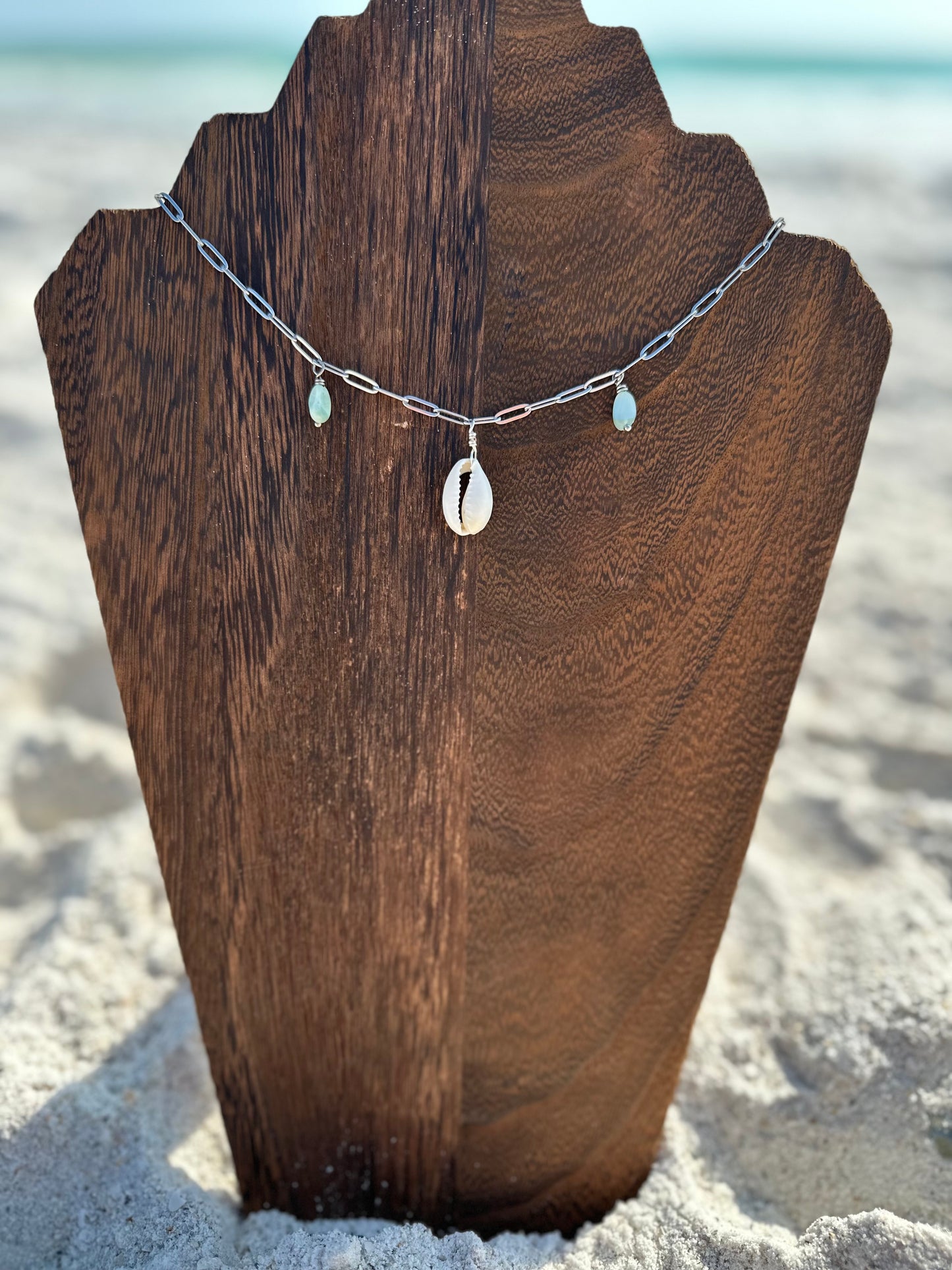 Aqua Cowrie Shell Paperclip Necklace