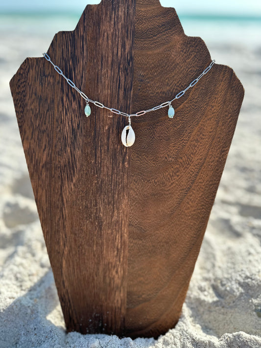 Aqua Cowrie Shell Paperclip Necklace