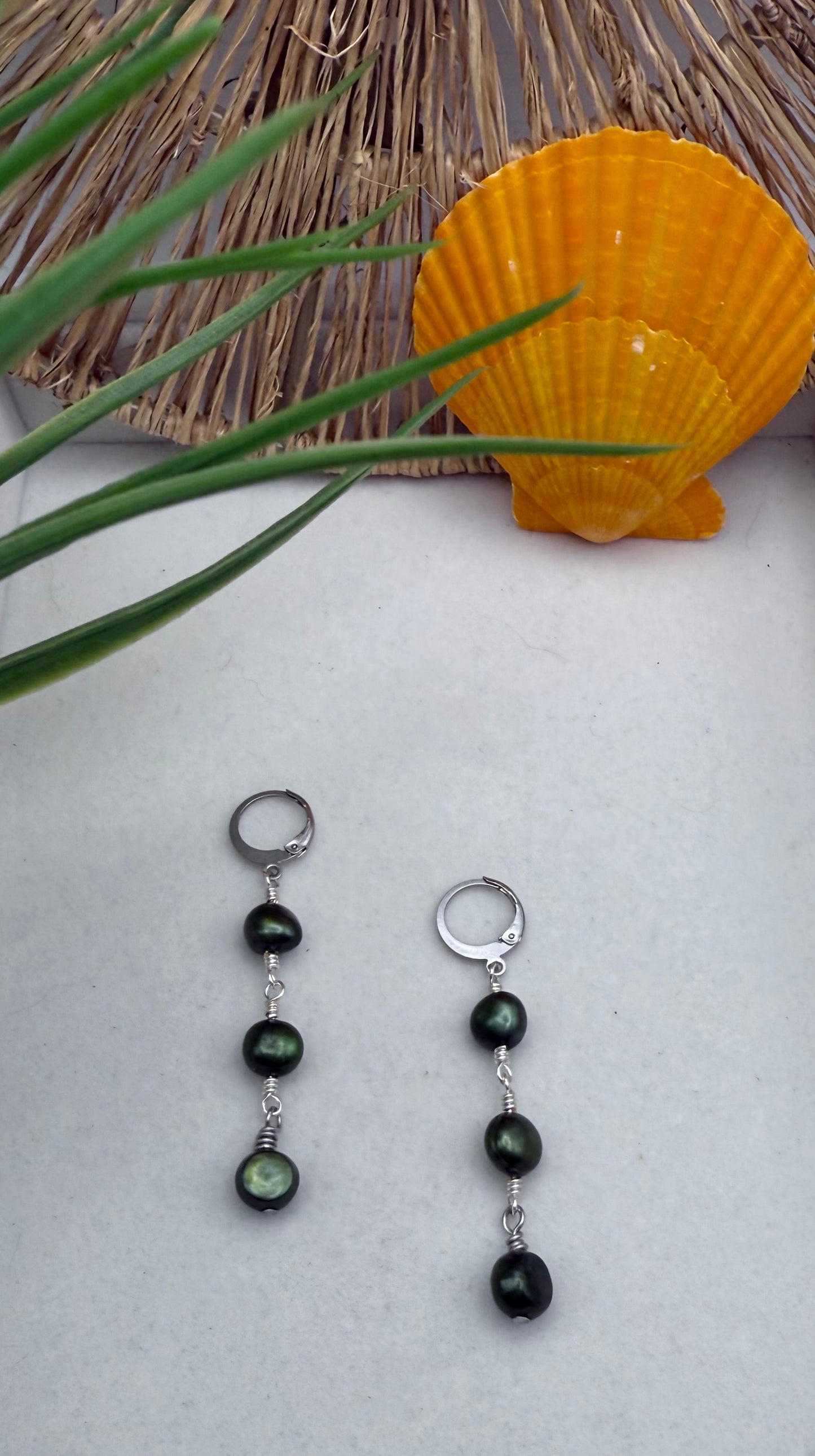 Olive Green Freshwater Pearl Dangle Earrings