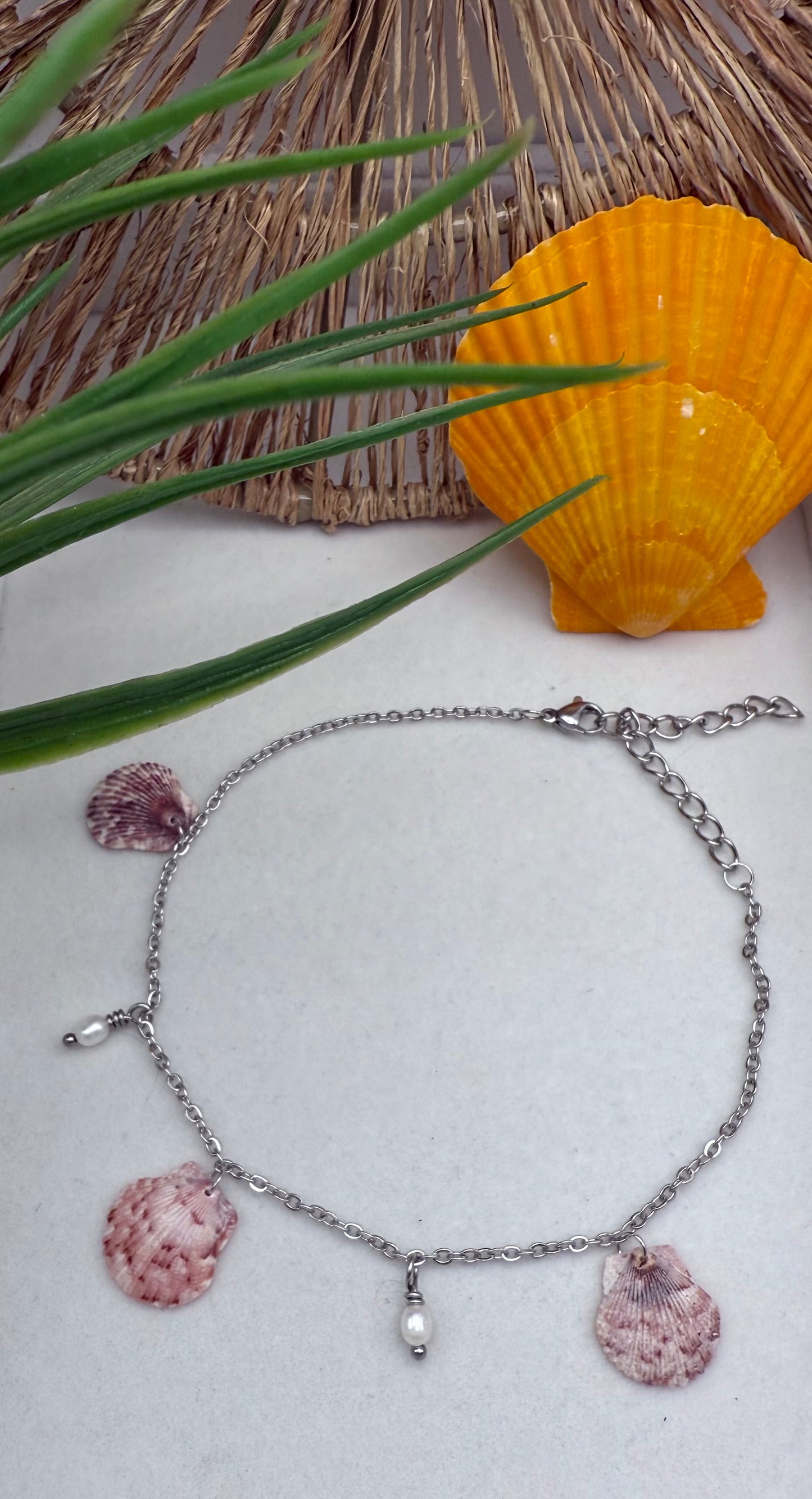 Calico Scallop Shell and Freshwater Pearl Multi Anklet